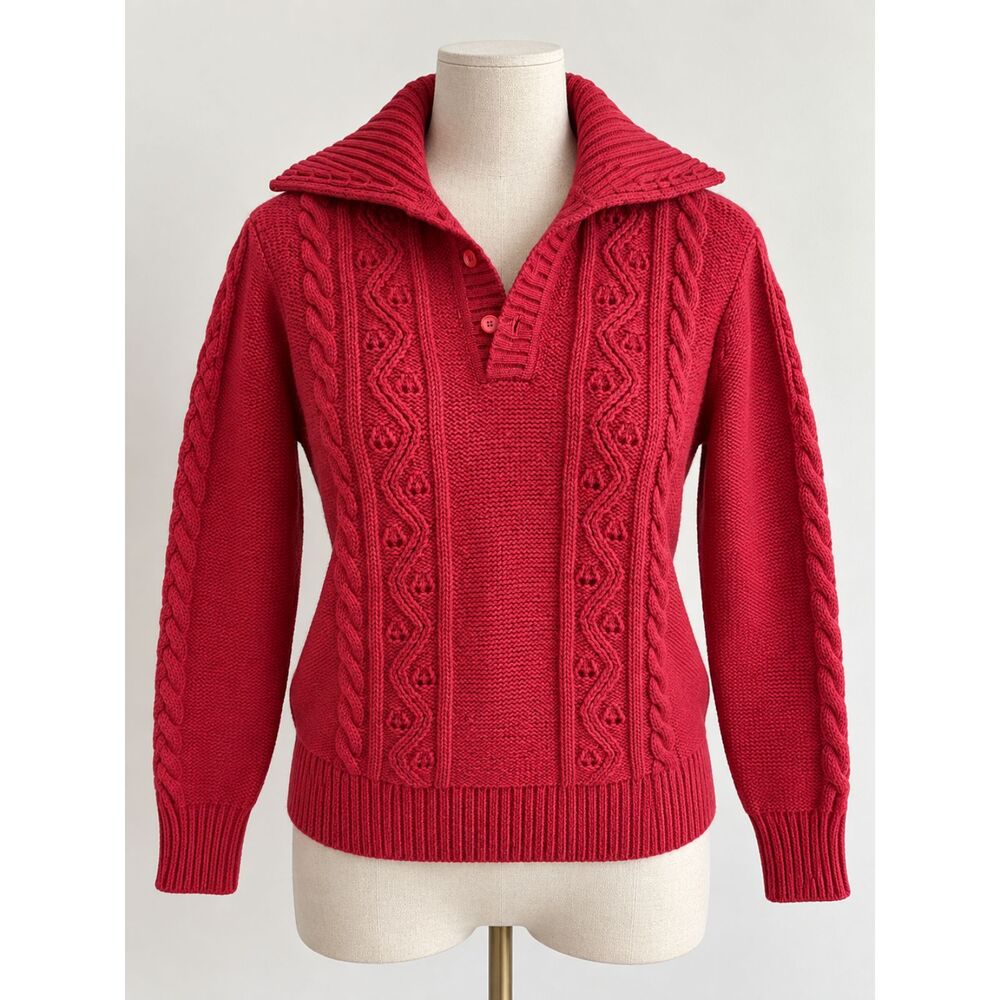 Vintage Lord & Taylor 100% Wool Cable Knit Polo Sweater - Red